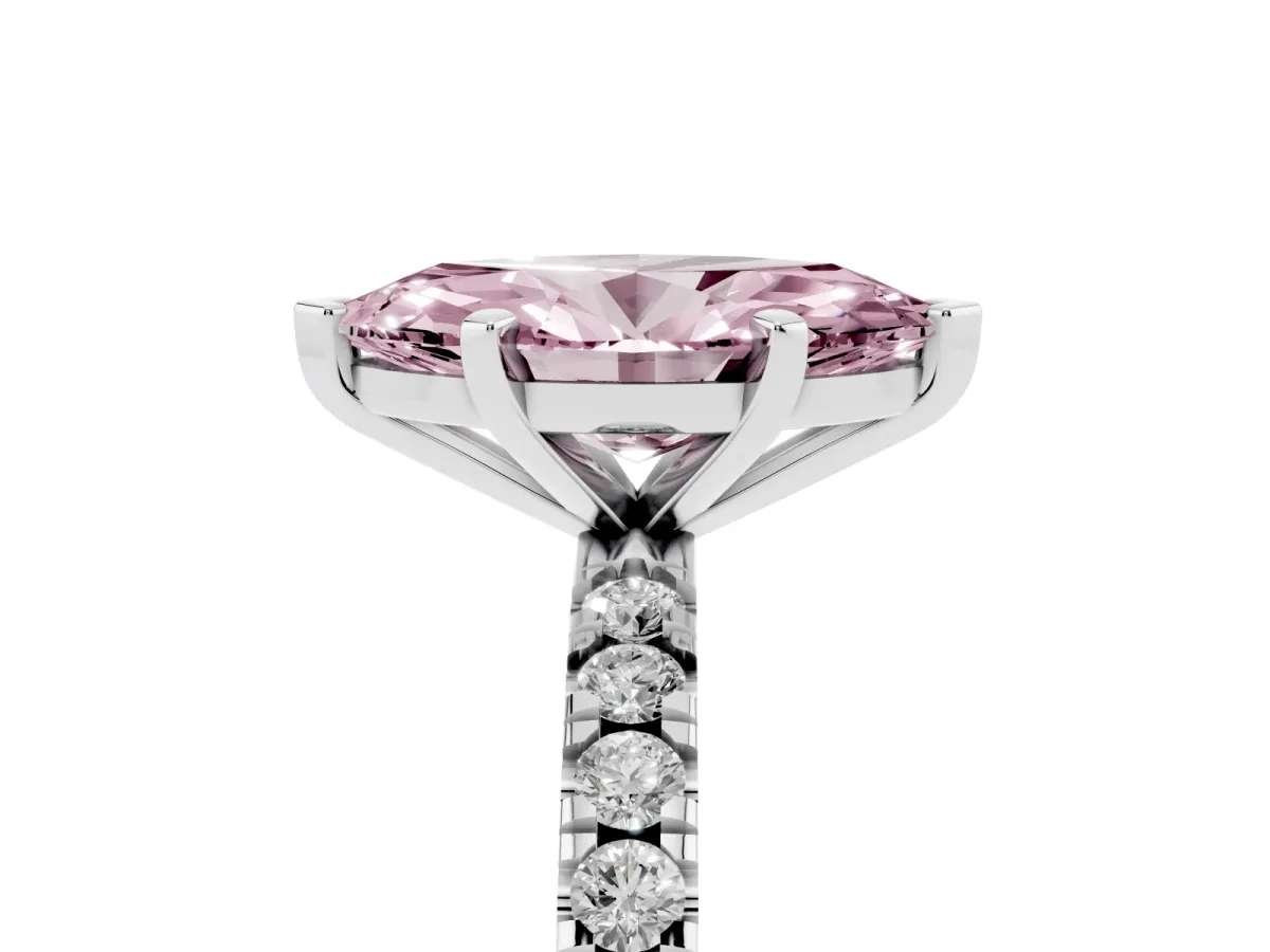 Fancy Pink Marquise Cut Diamond Pavé Band Solitaire with Four-Prong Setting Silver