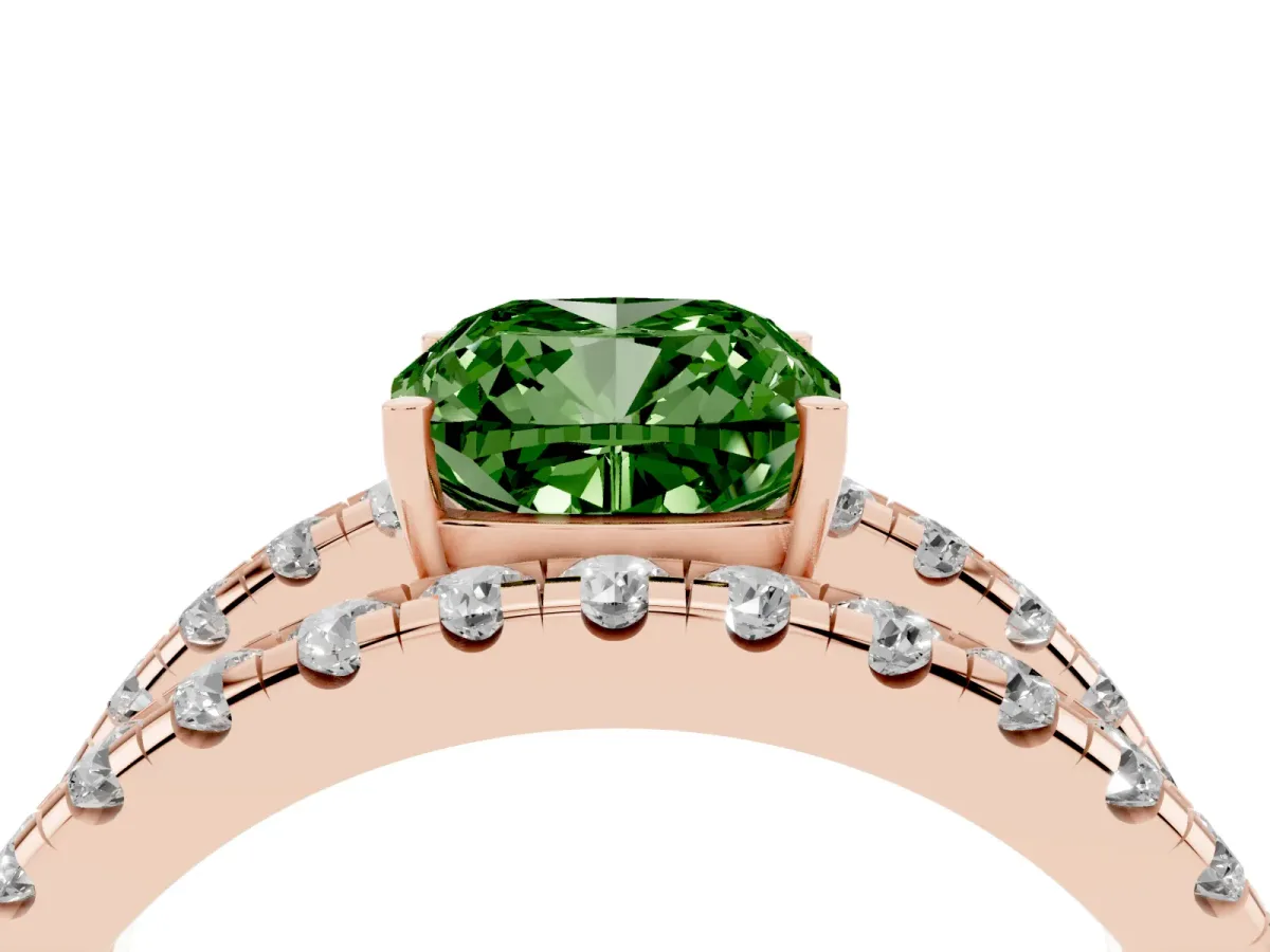 Fancy Green Cushion Cut Solitaire Split Shank Pave Diamond Ring Rose gold