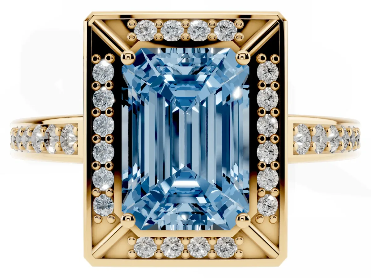 Fancy Blue Emerald Cut Cut Halo Pave Split Shank Prong Setting Ring Yellow gold