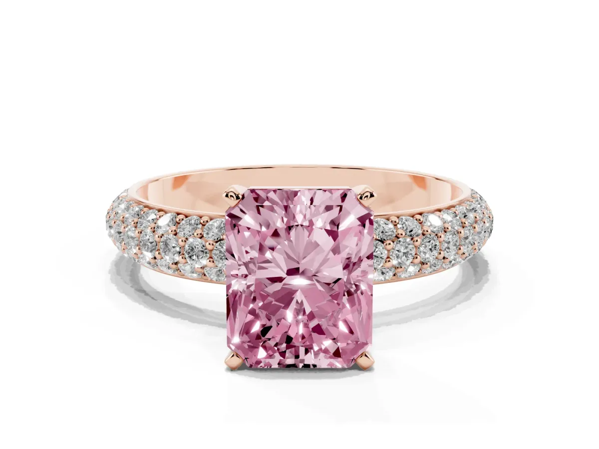 Fancy Pink Radiant Cut Diamond Solitaire Ring with Prong Setting and Pavé Band Rose gold