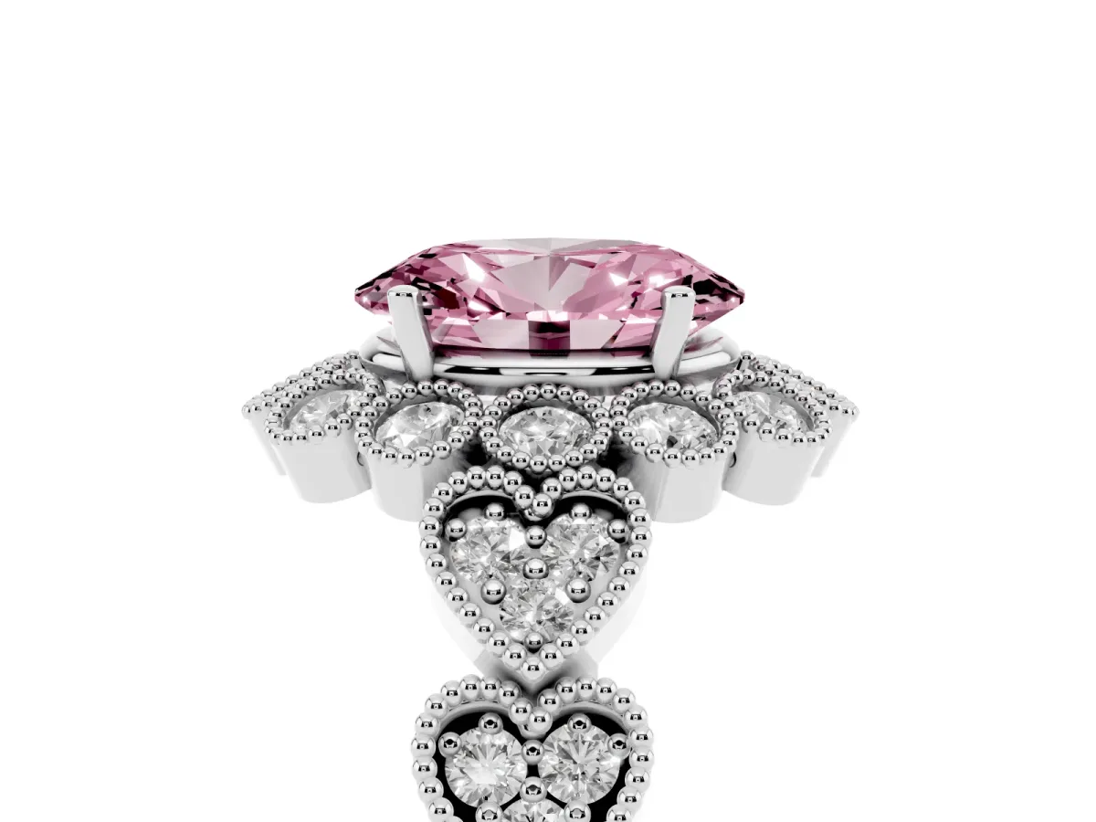 Fancy Pink Oval Cut Brilliant Milgrain Pave Heart Band Solitaire Ring Platinum
