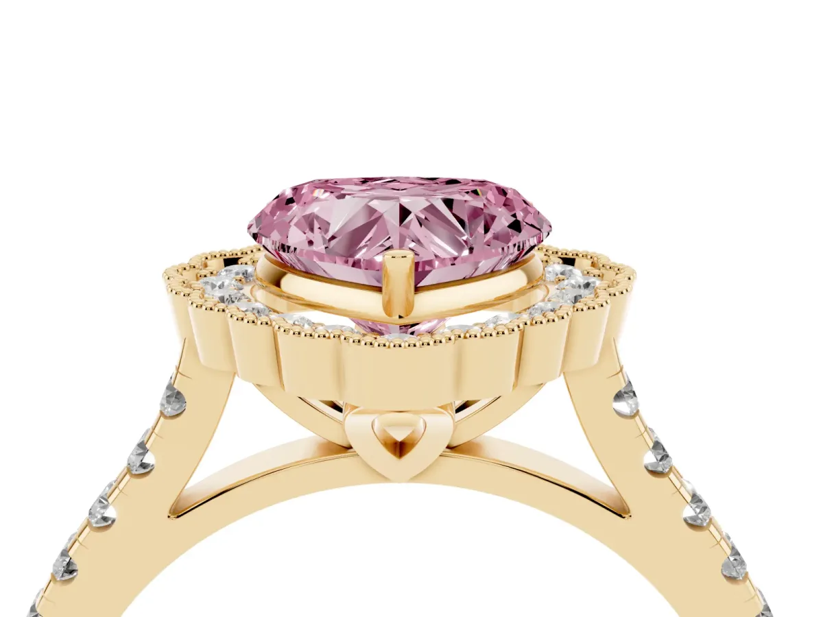 Fancy Pink Heart Cut Cut Diamond Milgrain Floral Halo Engagement Ring with Pavé Band Yellow gold