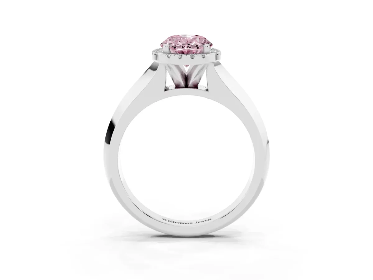 Fancy Pink Oval Cut Halo Diamond Ring with Cathedral Band and Four-Prong Setting Silver
