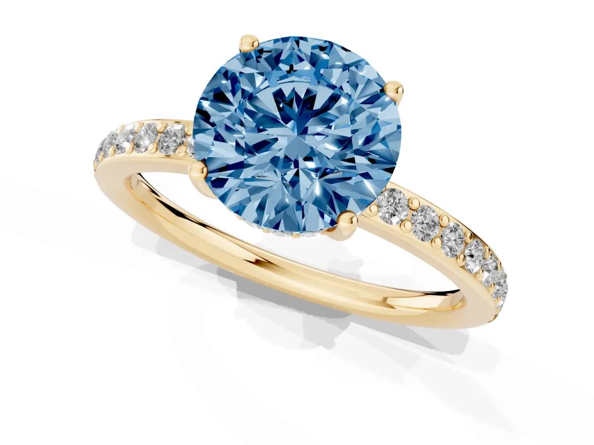 Fancy Blue Round Cut Cut Diamond Pavé Band Ring with Four-Prong Setting Yellow gold
