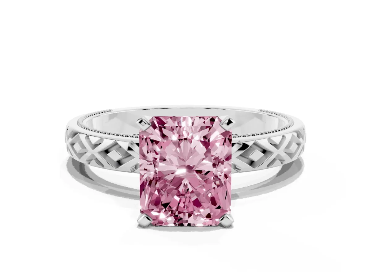 Fancy Pink Radiant Cut Solitaire Diamond Ring with Milgrain and Black Enamel X Pattern Band Silver