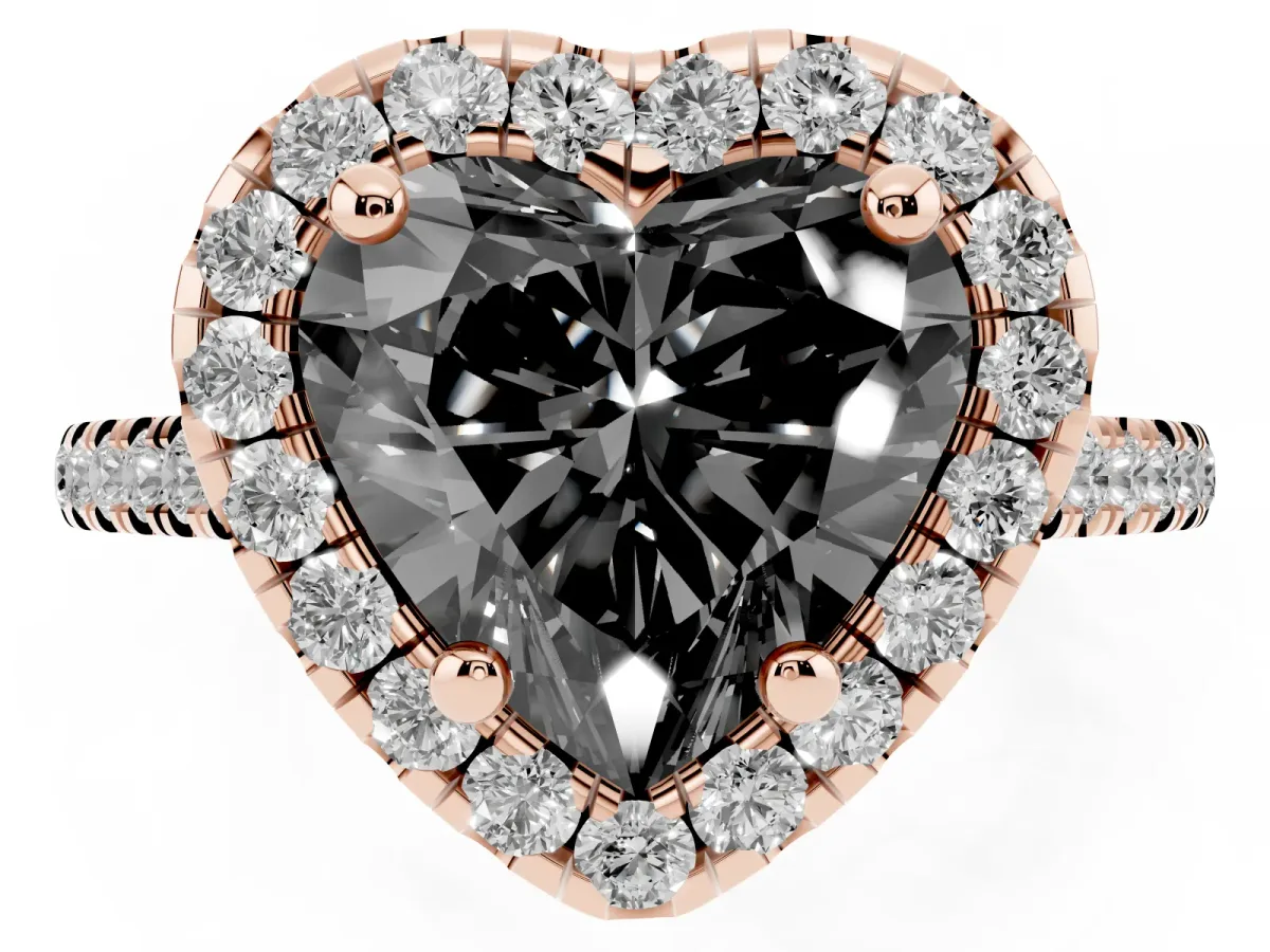 Fancy Black Heart Cut Diamond Cushion Halo Ring with Pavé Band Rose gold