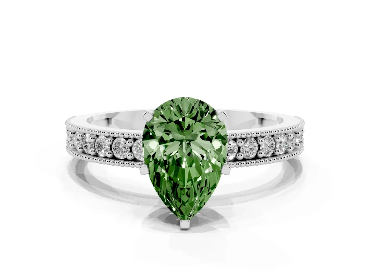 Fancy Green Pear Cut Diamond Milgrain Pavé Engagement Ring with Four-Prong Setting Silver