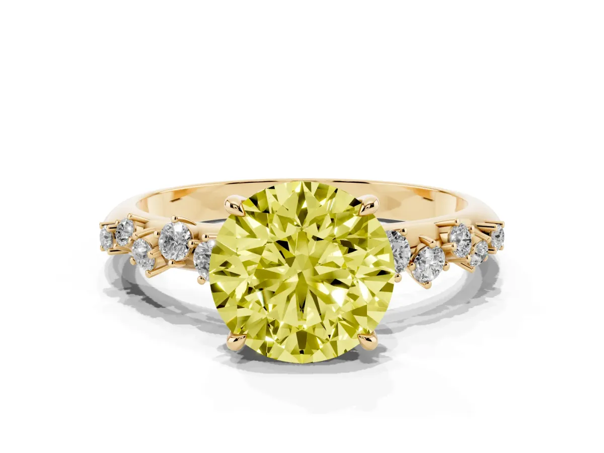 Fancy Yellow Round Cut Diamond Cluster Side Stone Solitaire Ring with Prong Setting Yellow gold