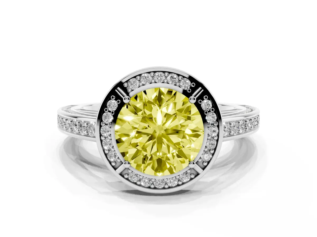 Fancy Yellow Round Cut Cut Halo Pave Split Shank Prong Setting Ring Platinum