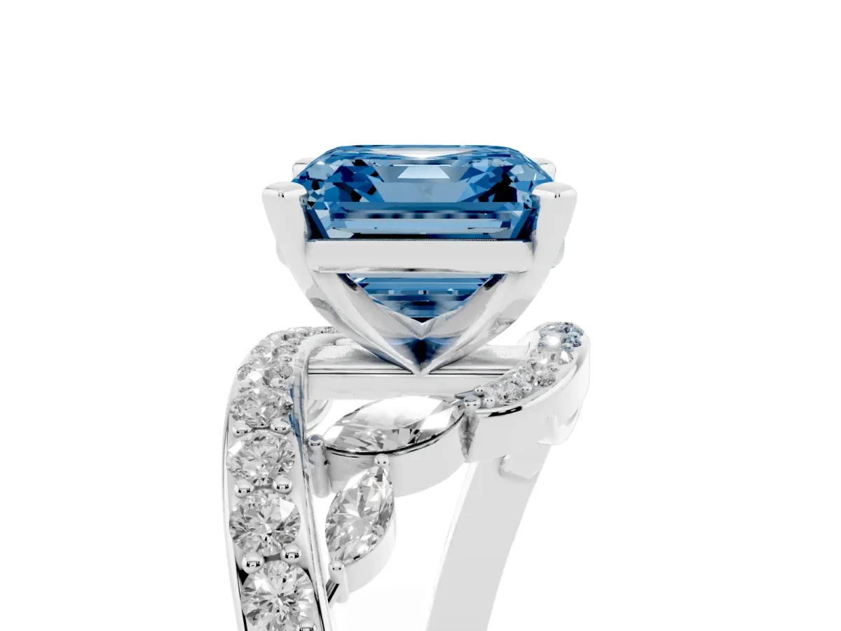 Fancy Blue Asscher Cut Solitaire with Pavé Twist Band and Four-Prong Setting Silver