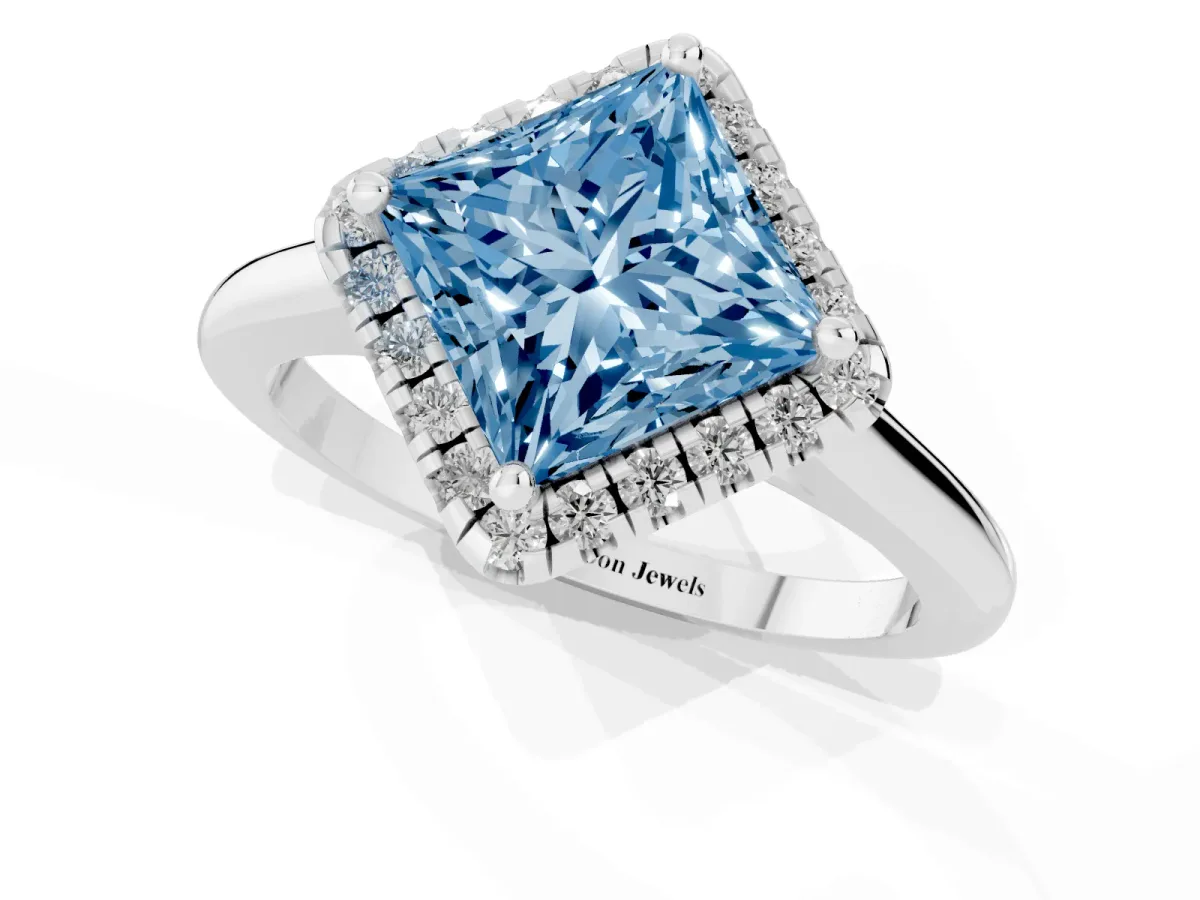 Fancy Blue Princess Cut Halo Round Diamond Solitaire Engagement Ring with Pave Band and Four-Prong Setting White gold