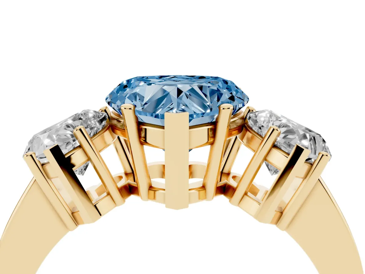 Fancy Blue Three-Stone Heart Cut Cut Diamond Engagement Ring with Flat Band and Four-Prong Setting Yellow gold