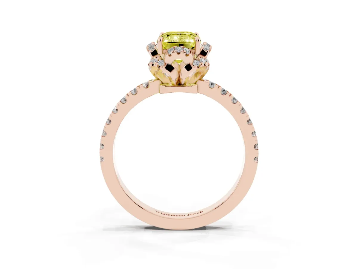 Fancy Yellow Emerald Cut Diamond Halo Pave Band with Four-Prong Setting Rose gold