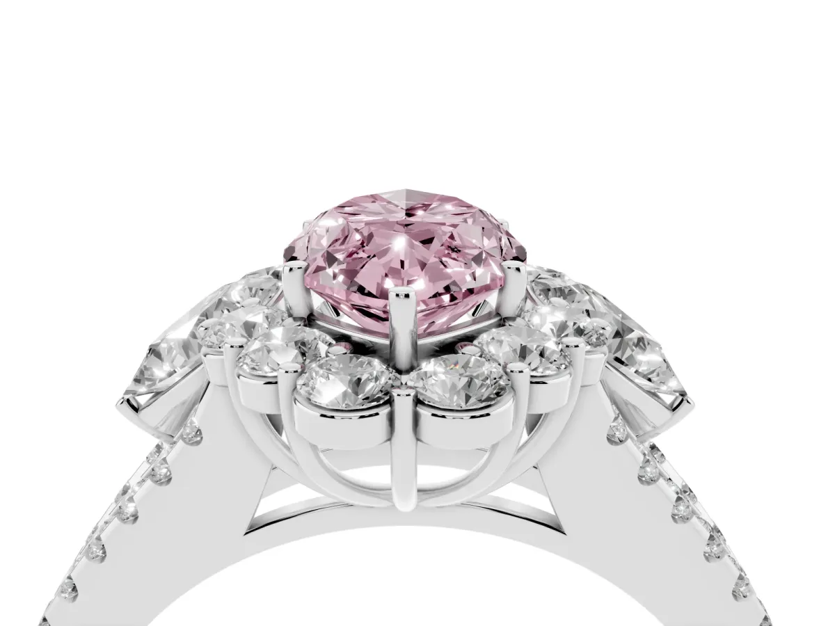 Fancy Pink Marquise Cut Halo Split Shank Diamond Engagement Ring with Prong Setting Silver