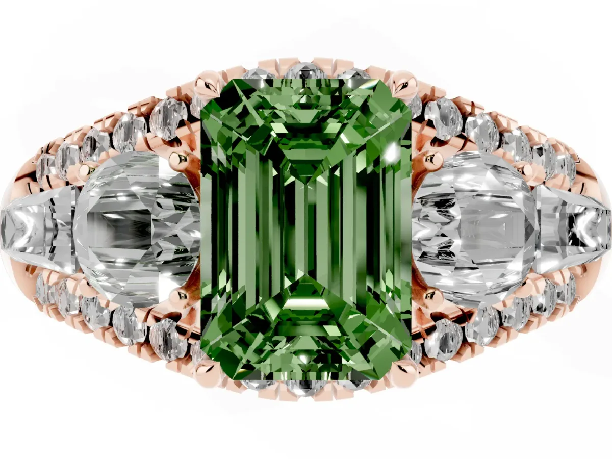 Fancy Green Three-Stone Emerald Cut Diamond Engagement Ring with Pave Band and Prong Setting Rose gold