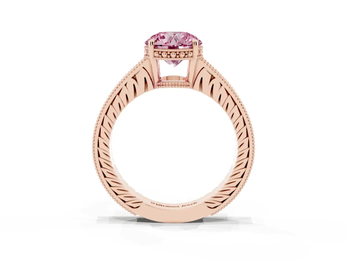 Fancy Pink Round Cut Solitaire Pavé Diamond Milgrain Engagement Ring with Four-Prong Setting Rose gold
