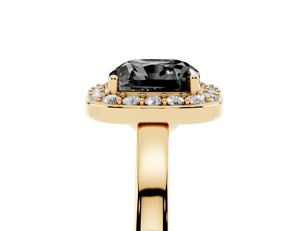 Fancy Black Cushion Cut Halo Diamond Ring with Solitaire Band and Prong Setting Yellow gold