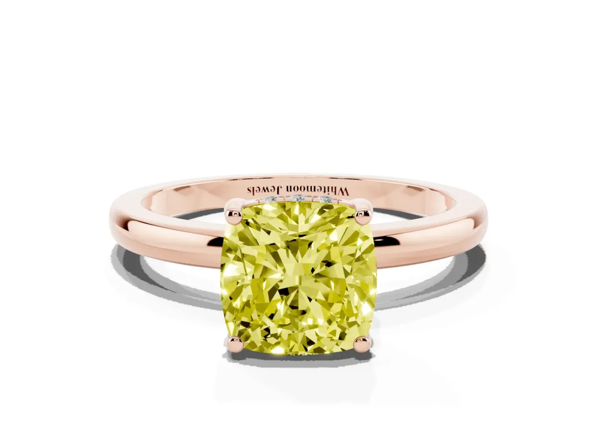 Fancy Yellow Cushion Cut Solitaire Diamond Ring with Prong Setting and Plain Band Rose gold