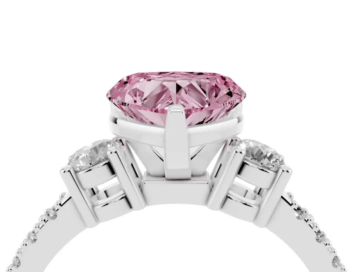Fancy Pink Heart Cut Three-Stone Diamond Pavé Band with Prong Setting Platinum