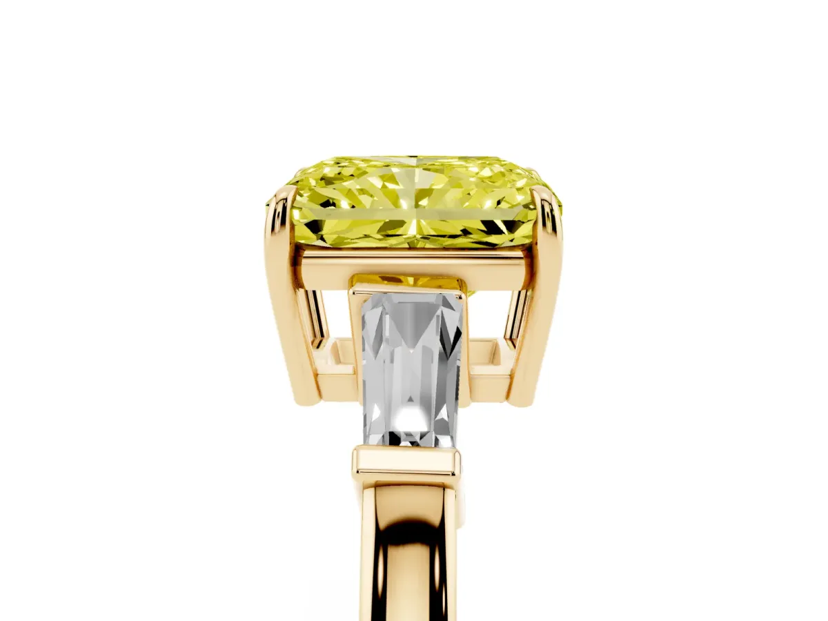 Fancy Yellow Radiant Cut Diamond Three-Stone Ring with Tapered Baguette Side Stones and Prong Setting Yellow gold