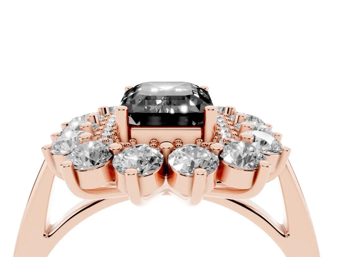Fancy Black Emerald Cut Diamond Floral Double Halo Engagement Ring with Prong Setting Rose gold