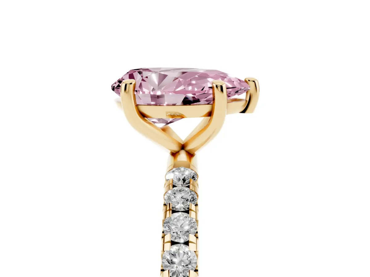 Fancy Pink Pear Cut Cut Diamond Solitaire Ring with Micro Pave Band and Four Prong Setting Yellow gold