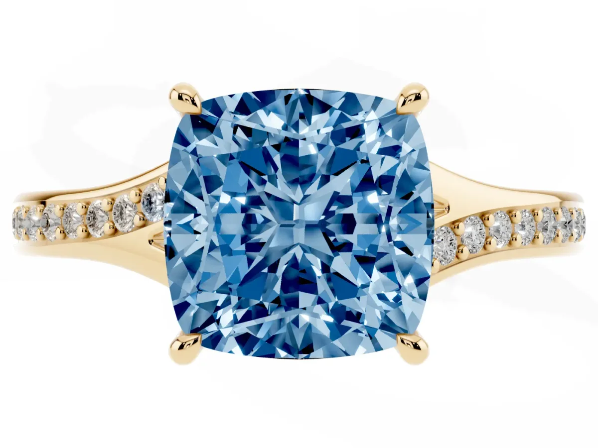 Fancy Blue Cushion Cut Diamond Solitaire Ring with Pavé Band and Prong Setting Yellow gold