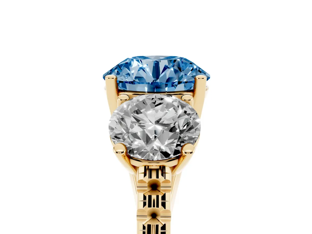 Fancy Blue Three-Stone Round Cut Diamond Ring with Round Pavé Band and Prong Setting Yellow gold