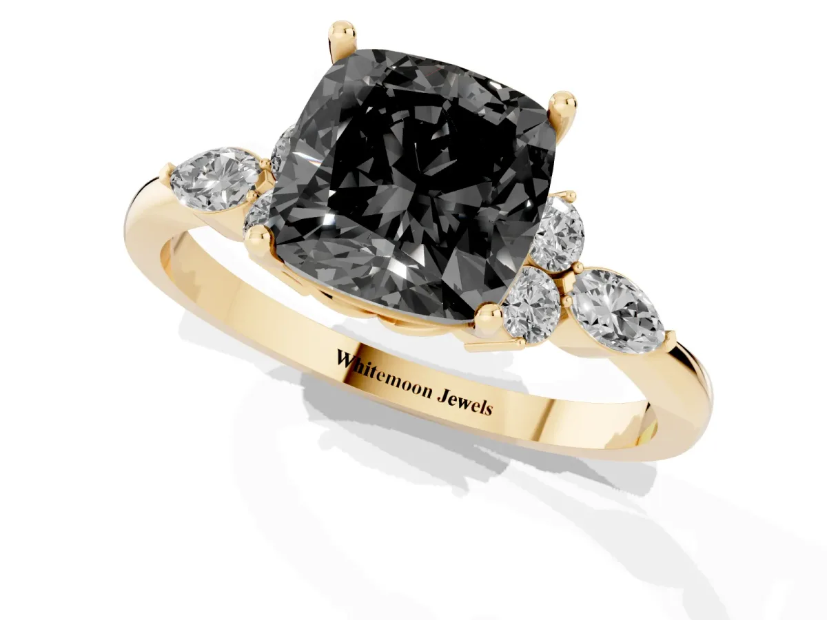 Fancy Black Cushion Cut Brilliant Diamond Solitaire Ring with Pear Side Stones and Four-Prong Setting Yellow gold