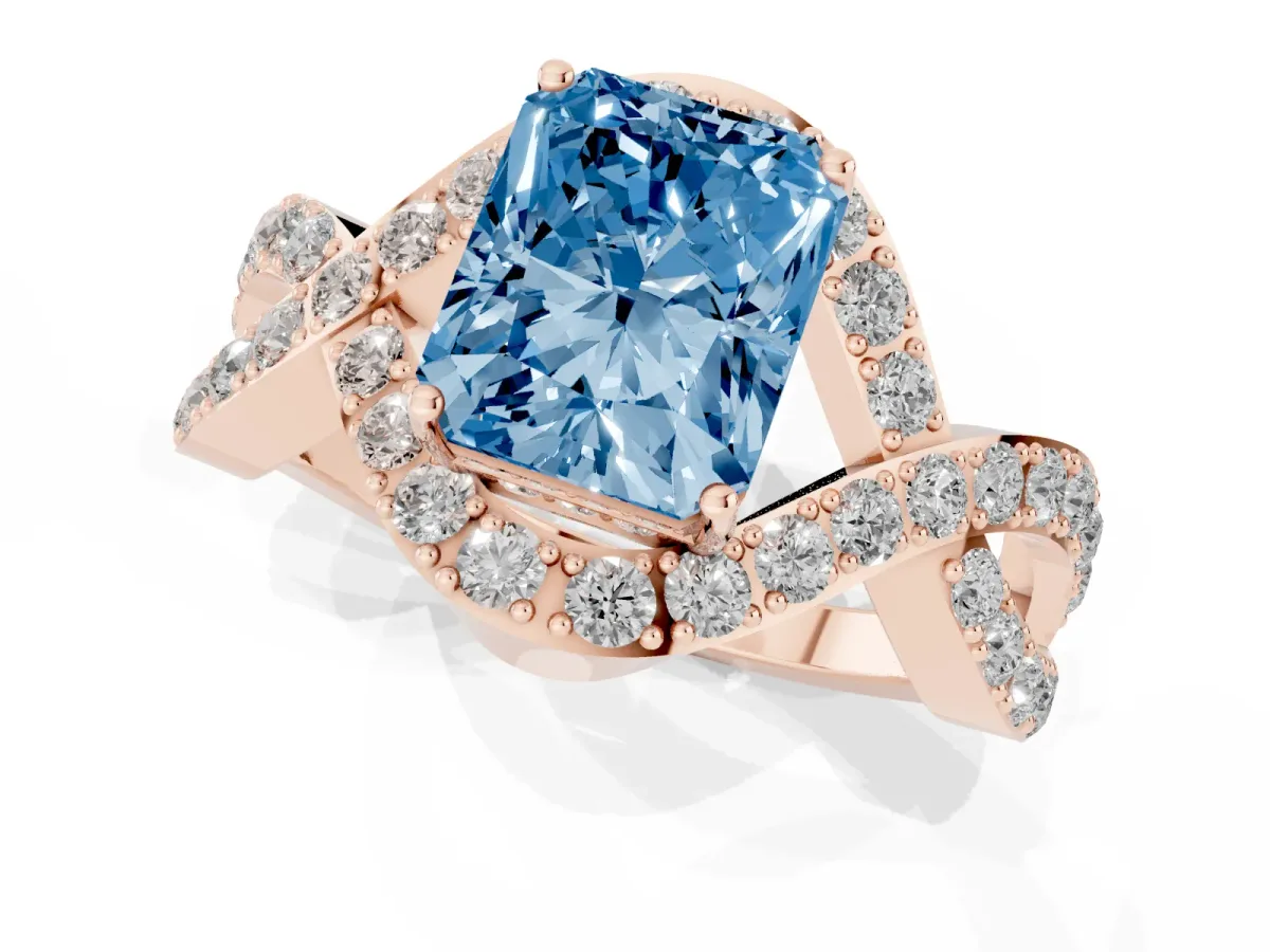 Fancy Blue Radiant Cut Solitaire Twist Band Pavé Diamond Engagement Ring Rose gold