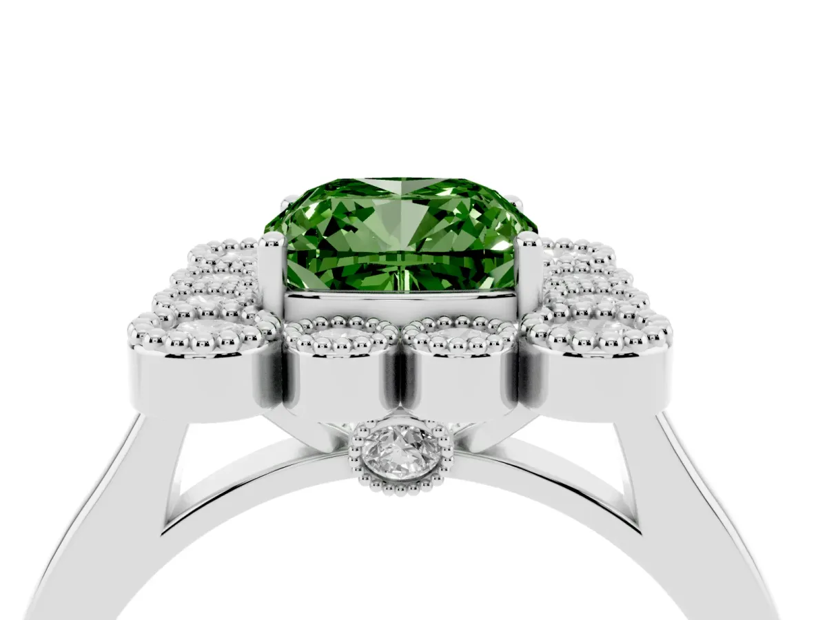 Fancy Green Cushion Cut Halo Diamond Cluster Engagement Ring with Milgrain Bezel Setting and Solitaire Band Platinum