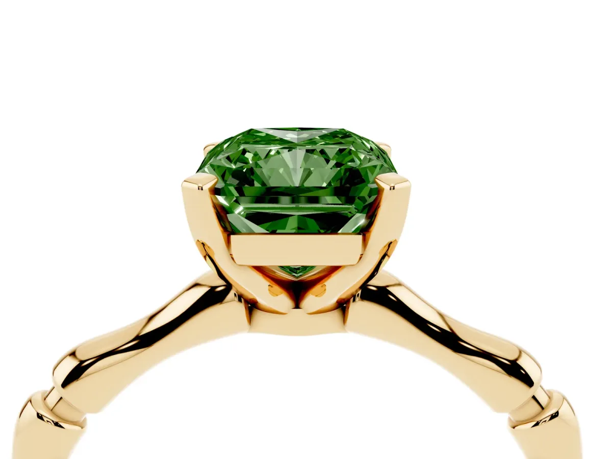 Fancy Green Radiant Cut Solitaire Diamond Ring with Bamboo Band and Four-Prong Setting Yellow gold