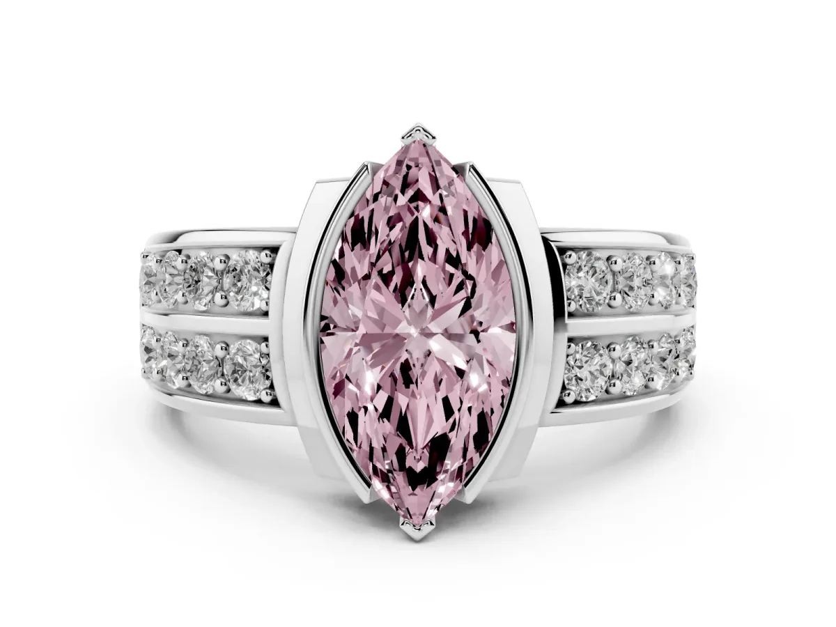 Fancy Pink Marquise Cut Brilliant Diamond Channel Set Wide Band Ring with Bezel Setting Platinum