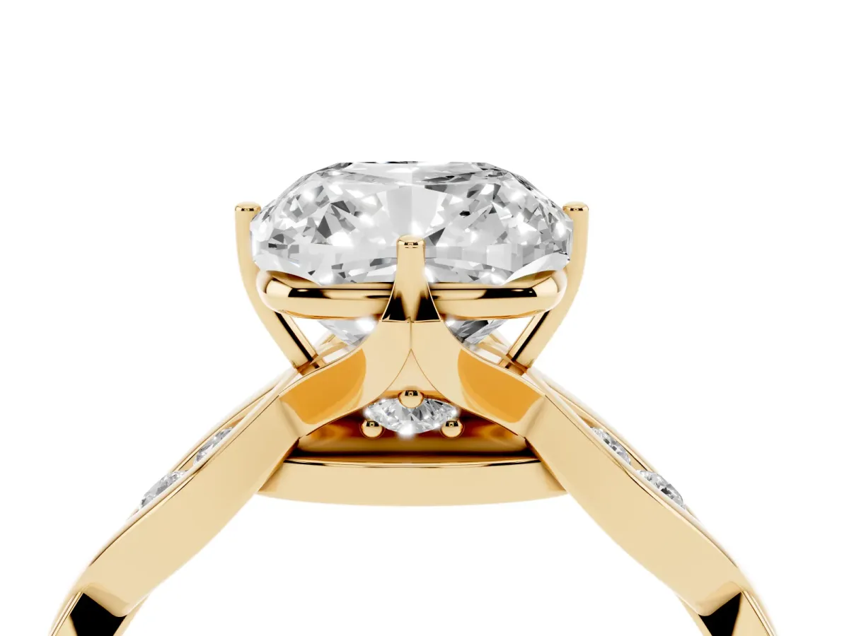 Cushion Cut Solitaire Twist Band with Leaf Prong Setting Yellow gold