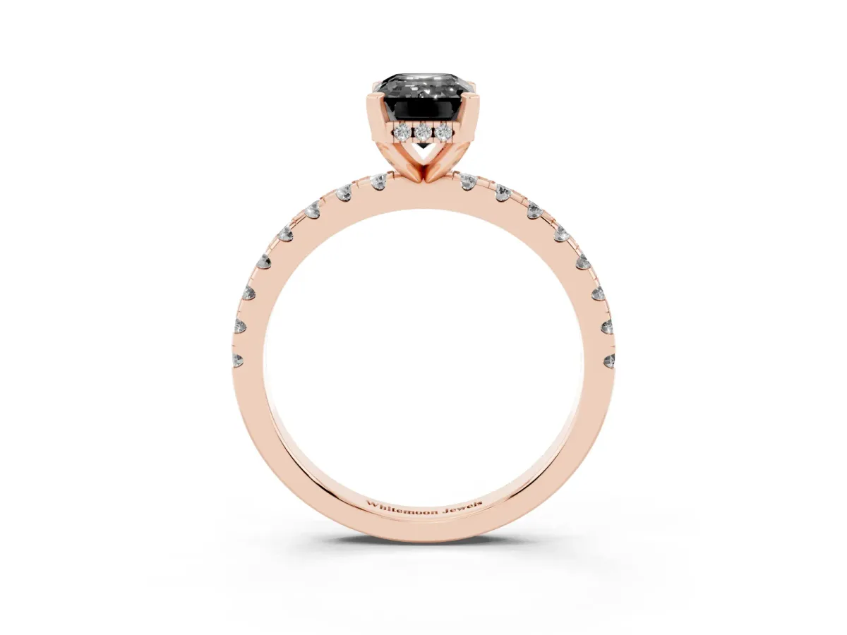 Fancy Black Emerald Cut Diamond Solitaire Ring with Round Pavé Band and Four-Prong Setting Rose gold