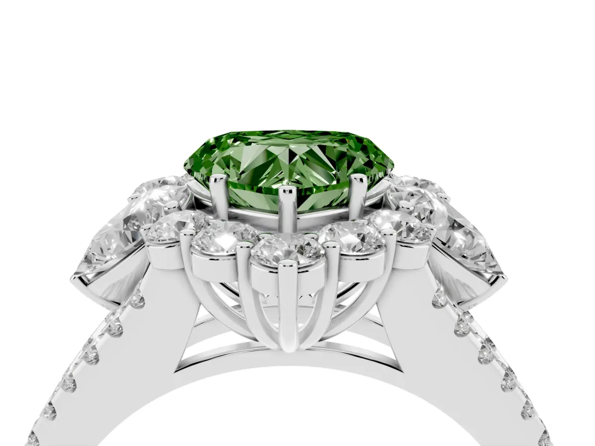 Fancy Green Heart Cut Halo Split Shank Diamond Engagement Ring with Prong Setting Silver