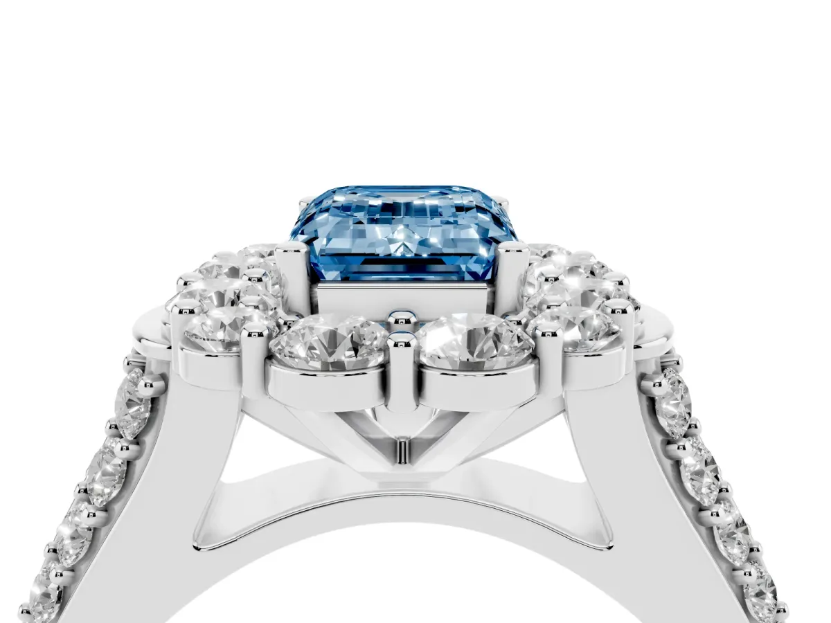 Fancy Blue Emerald Cut Halo Diamond Engagement Ring with Split Shank and Prong Setting Silver