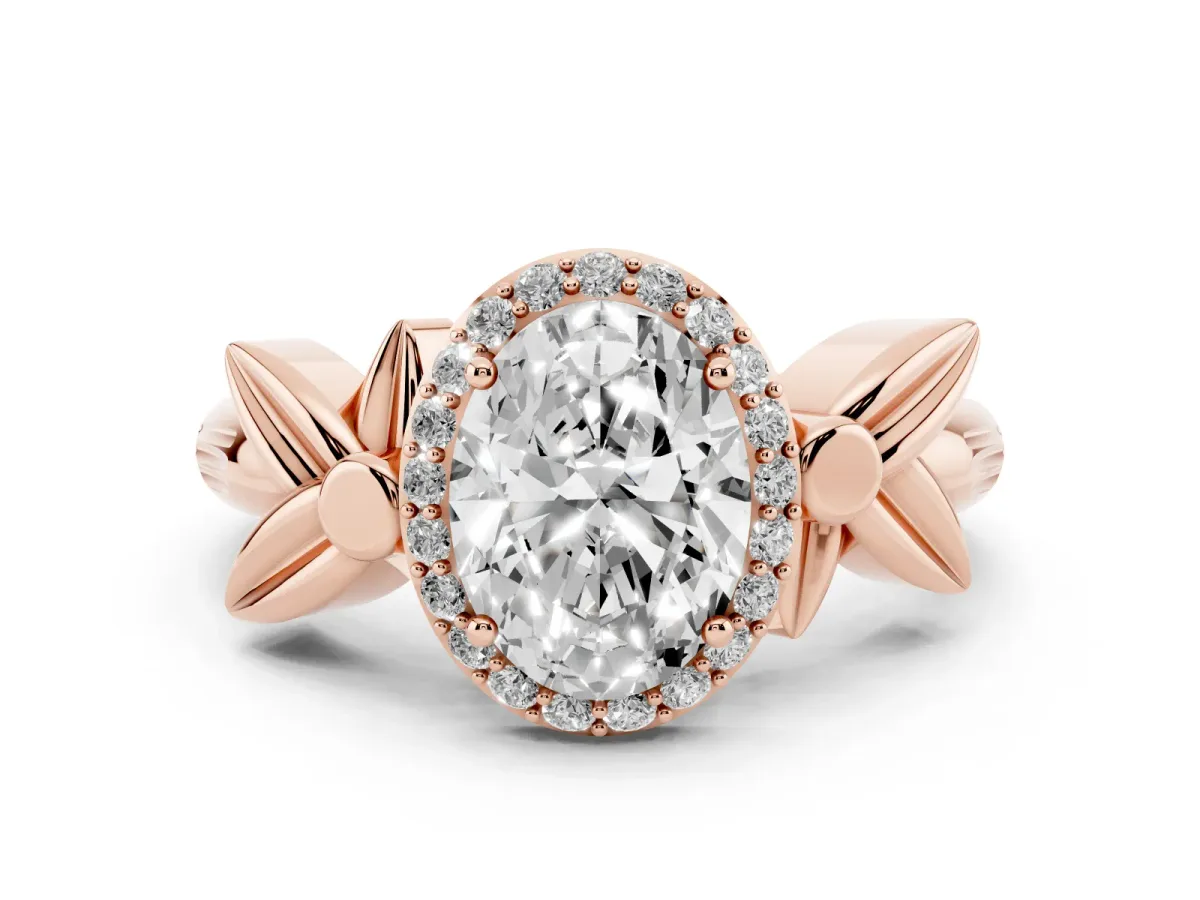 Oval Cut Halo Diamond Floral Band with Four-Prong Setting Rose gold
