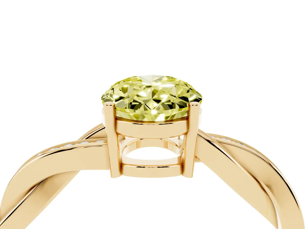 Fancy Yellow Oval Cut Solitaire Twisted Pave Diamond Ring with Four-Prong Setting Yellow gold
