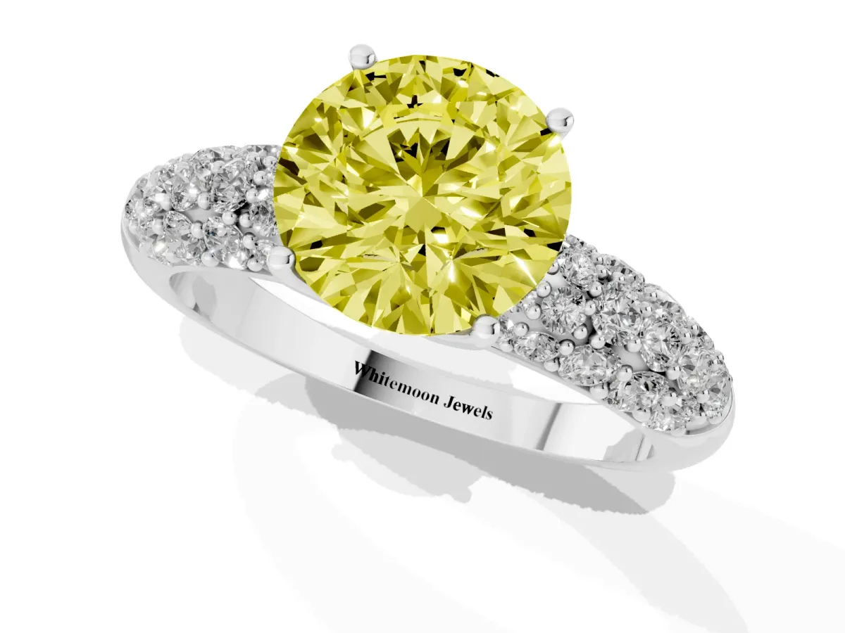Fancy Yellow Round Cut Diamond Pavé Band Solitaire Ring with Four-Prong Setting Platinum