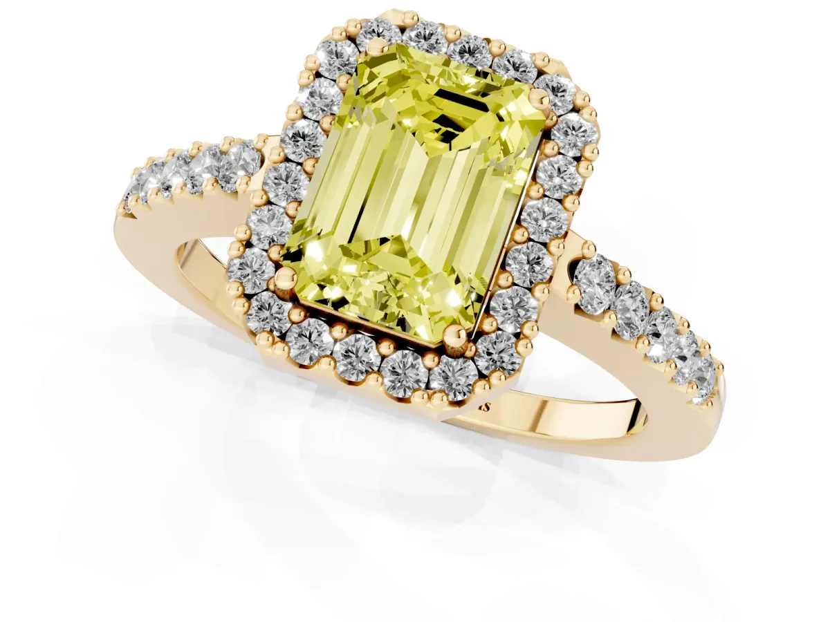 Fancy Yellow Emerald Cut Halo Diamond Pavé Solitaire Ring Yellow gold
