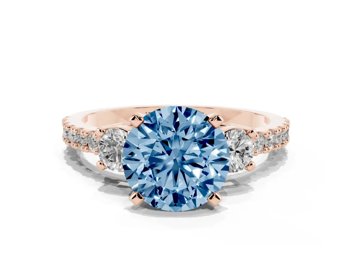 Fancy Blue Round Cut Three-Stone Diamond Pavé Band with Prong Setting Rose gold