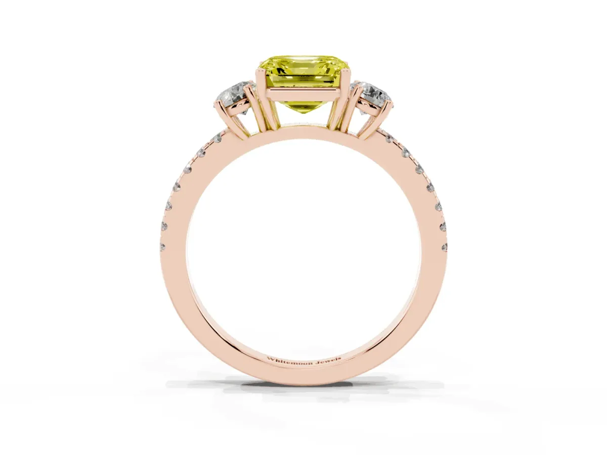 Fancy Yellow Three-Stone Asscher Cut Cut Diamond Pavé Band with Prong Setting Rose gold