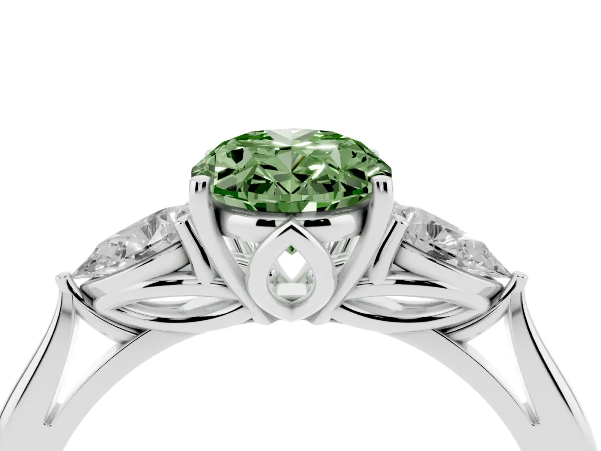 Fancy Green Oval Cut Diamond Three-Stone Ring with Pear Side Stones and Prong Setting Silver