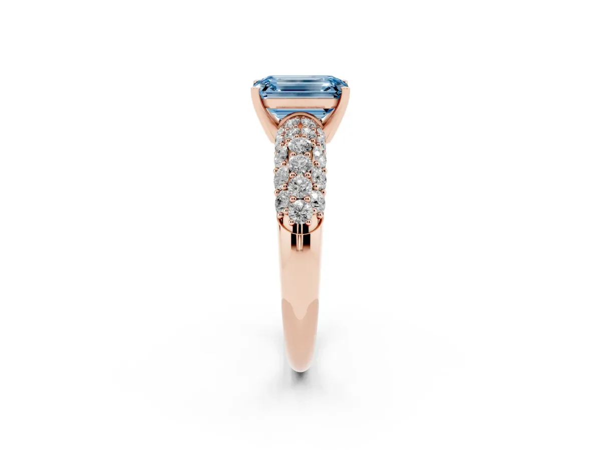 Fancy Blue Emerald Cut Diamond Pavé Band Solitaire Ring with Four-Prong Setting Rose gold