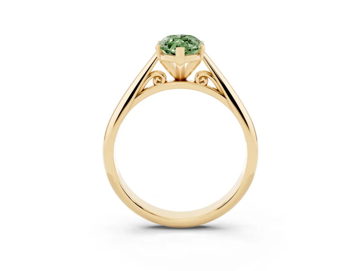 Fancy Green Marquise Cut Diamond Solitaire Engagement Ring with Cathedral Setting and Four-Prong Mount Yellow gold