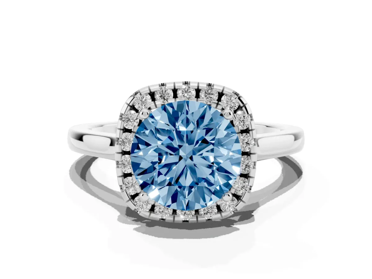 Fancy Blue Round Cut Halo Round Diamond Solitaire Ring with Pavé Band and Four-Prong Setting Silver