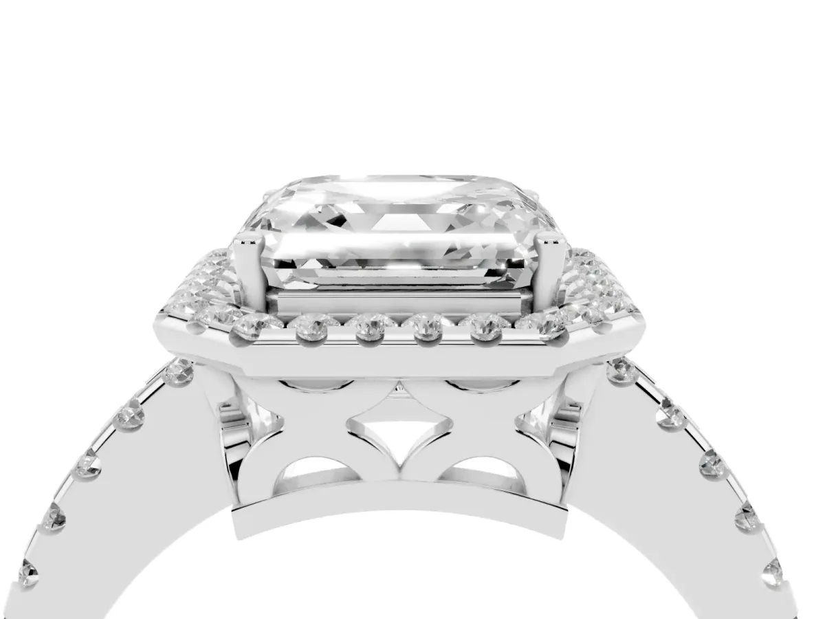 Asscher Cut Diamond Halo Engagement Ring with Pavé Band and Prong Setting Silver