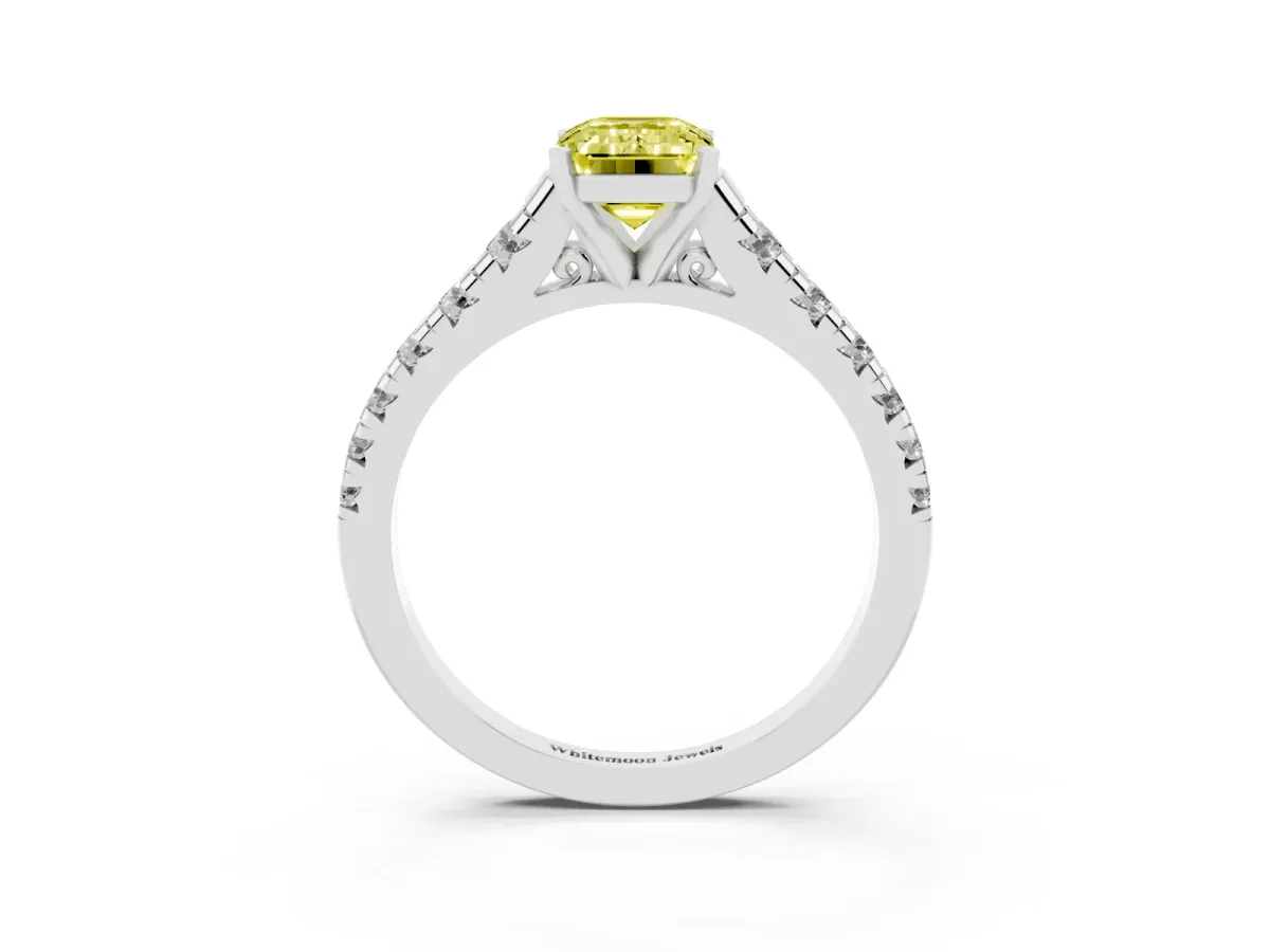 Fancy Yellow Emerald Cut Diamond Cathedral Solitaire Ring with Round Pavé Band Silver