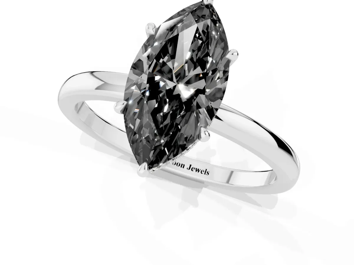 Fancy Black Marquise Cut Solitaire Engagement Ring with Cathedral Band and Four-Prong Setting White gold
